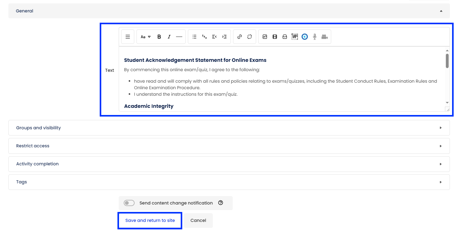 Moodle - Adding a New Text and Media Area